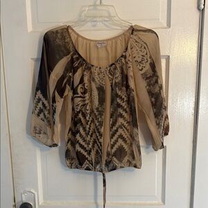 Pretty Good Brown Tan Tie Front Graphic Blouse